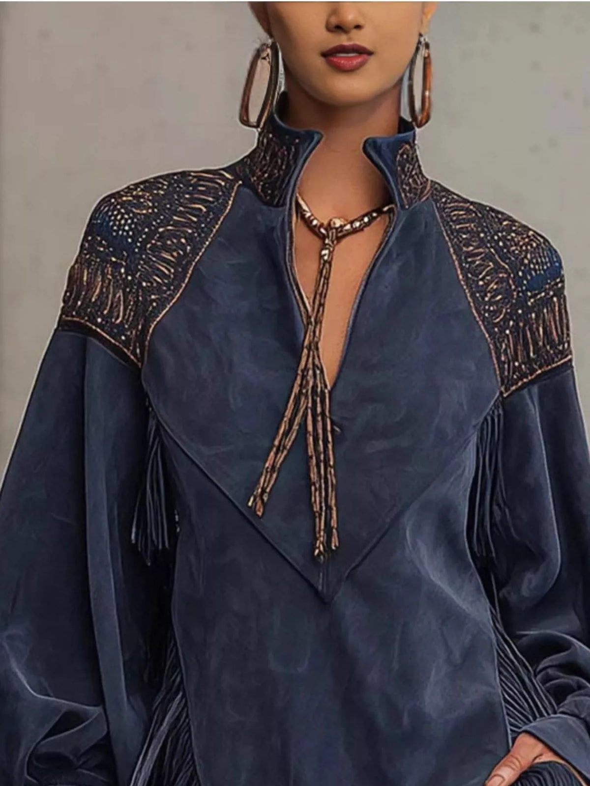 Fringed Lantern Sleeve Mini Dress