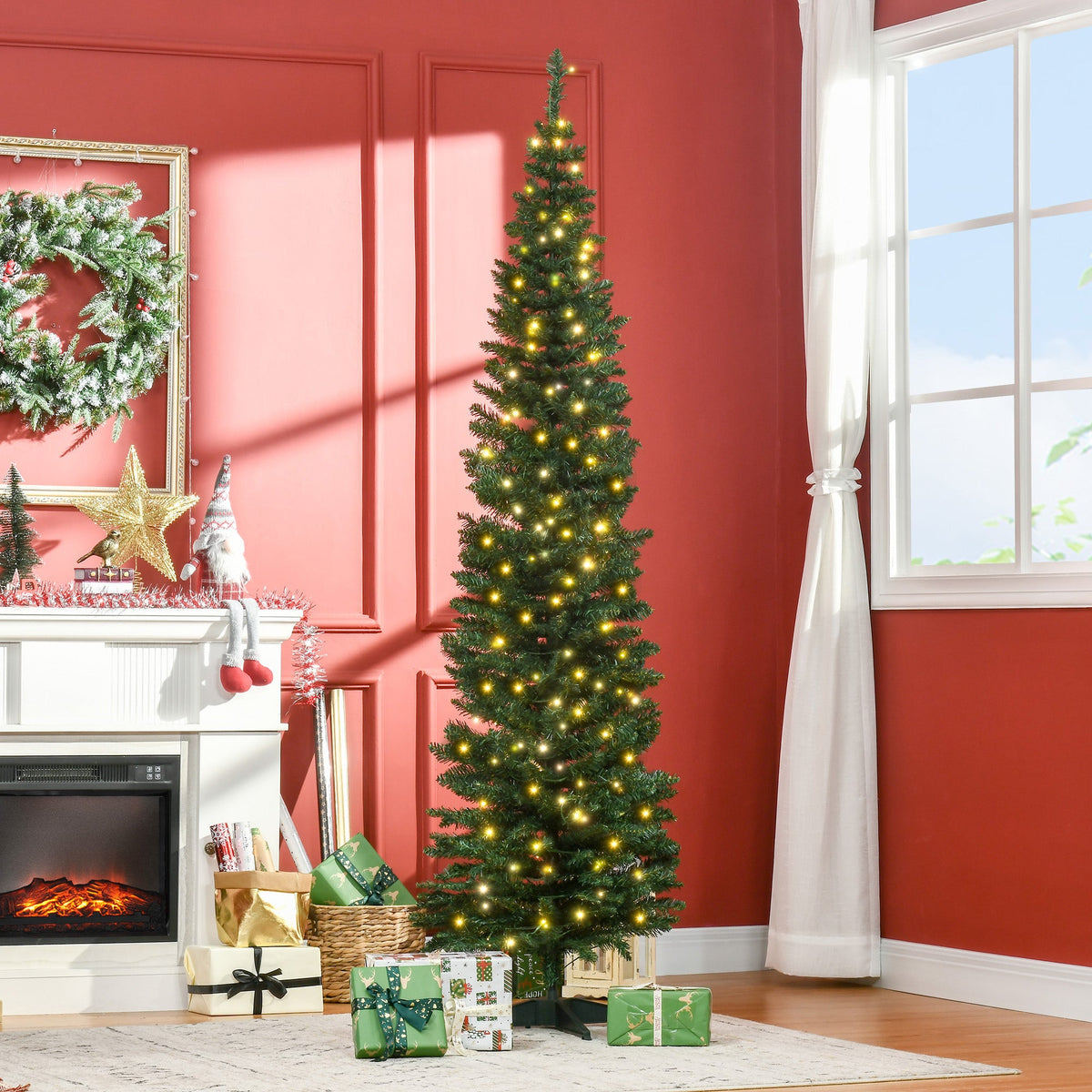 HOMCOM 7' Tall Pre-Lit Slim Noble Fir Artificial Christmas Tree with Realistic Branches, 200 Warm