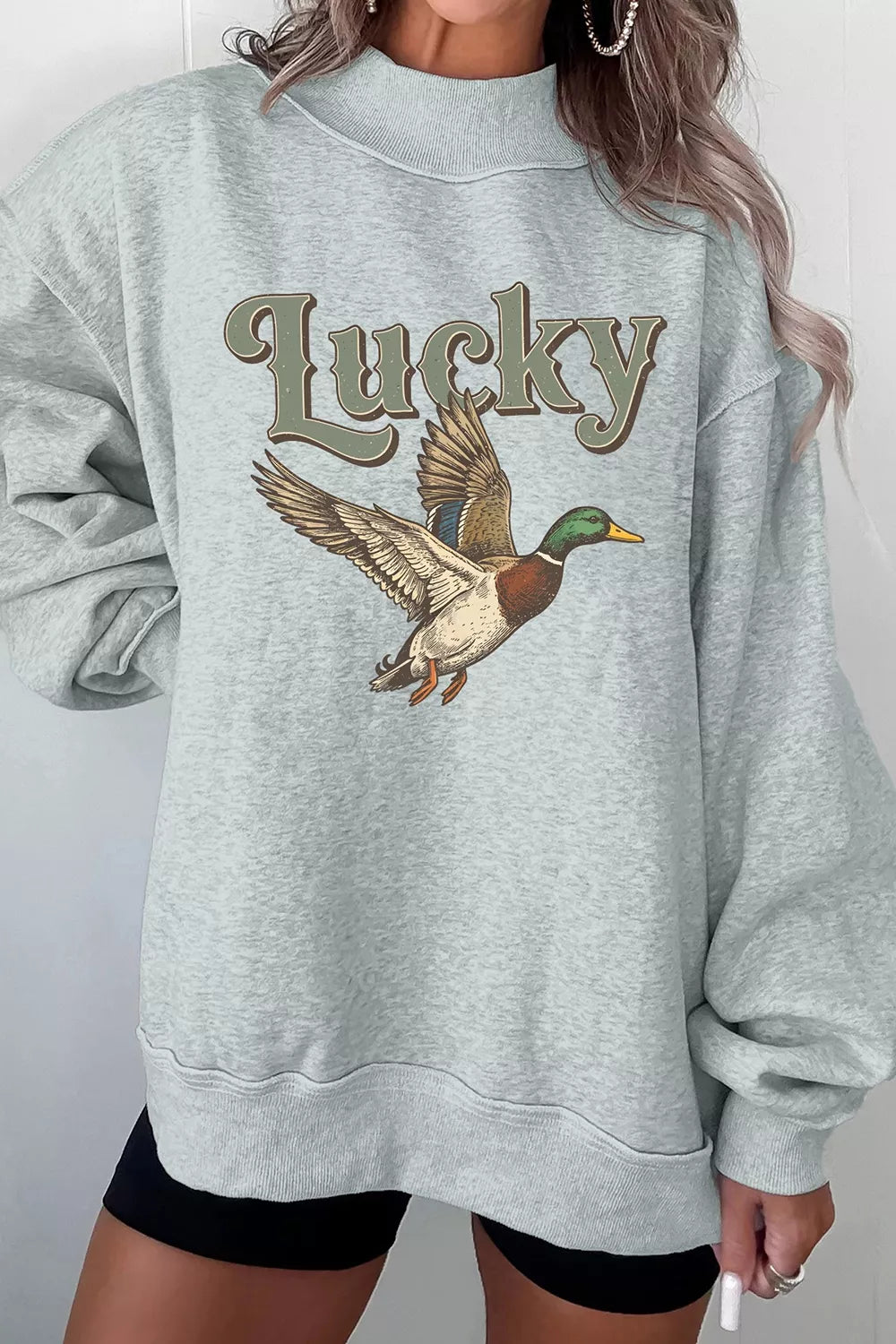 Lucky Mallard Graphic Mock Neck Casual Sweatshirt