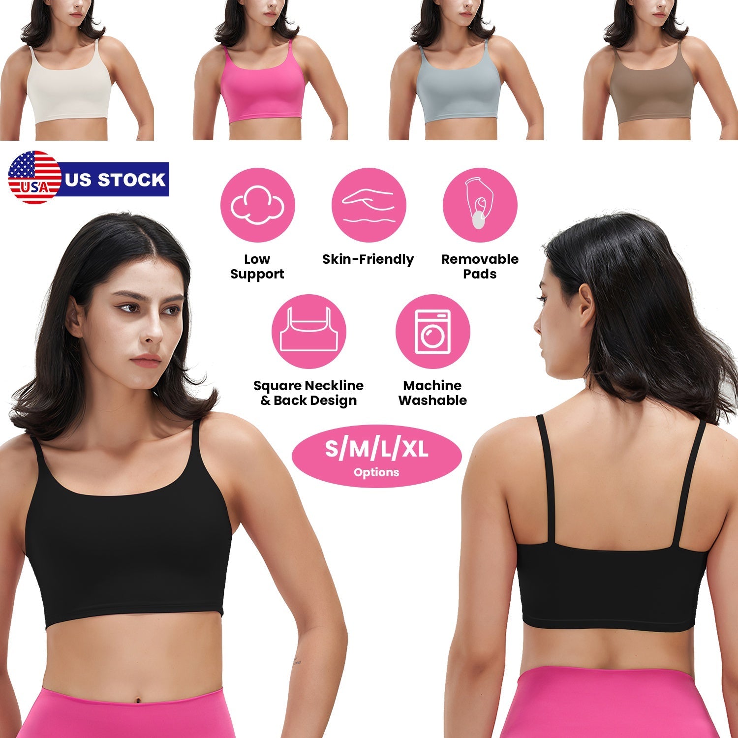 Women Sport Bras with Removable Pads, Low-Impact Square Neck