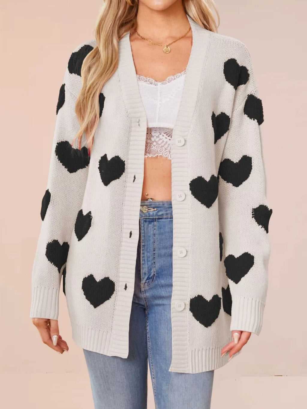 Heart Pattern V-Neck Button-Down Knit Cardigan