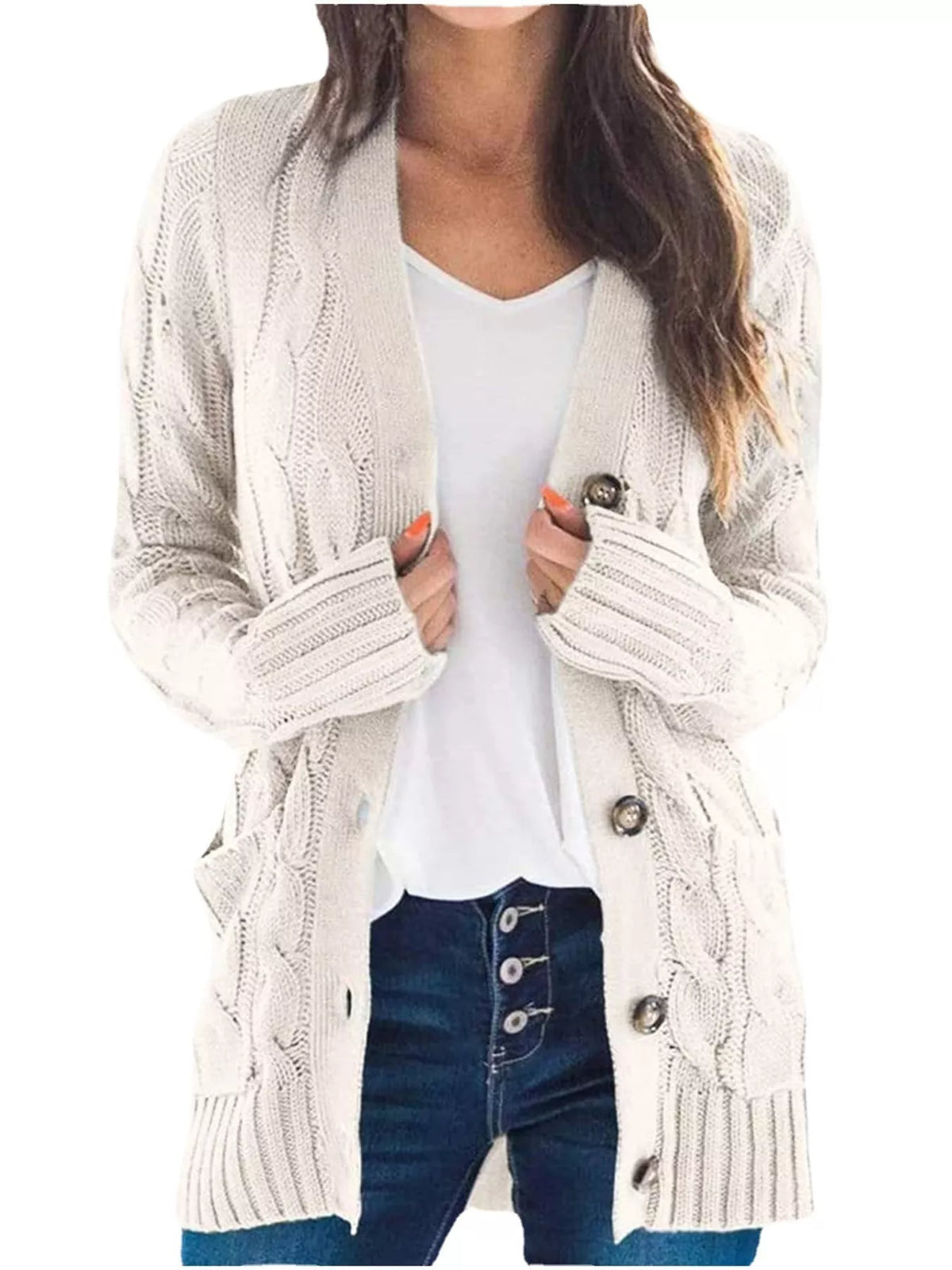 Full Size Chunky Cable Knit Button-Down Cardigan Plus Size