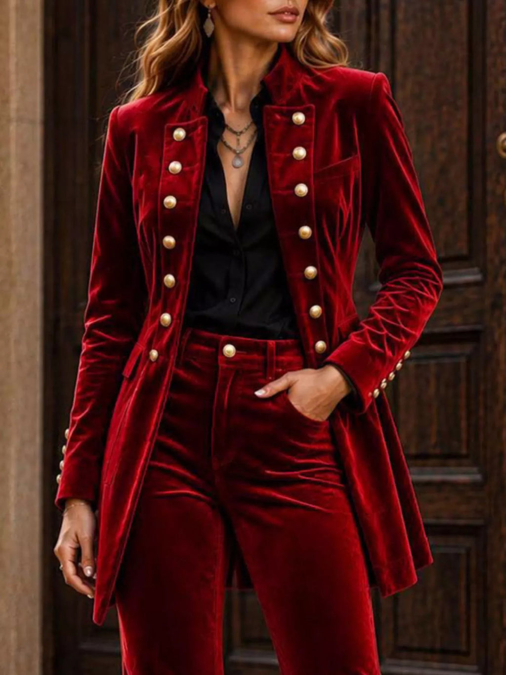 Velvet Double-Breasted Blazer and Flare Pants Set