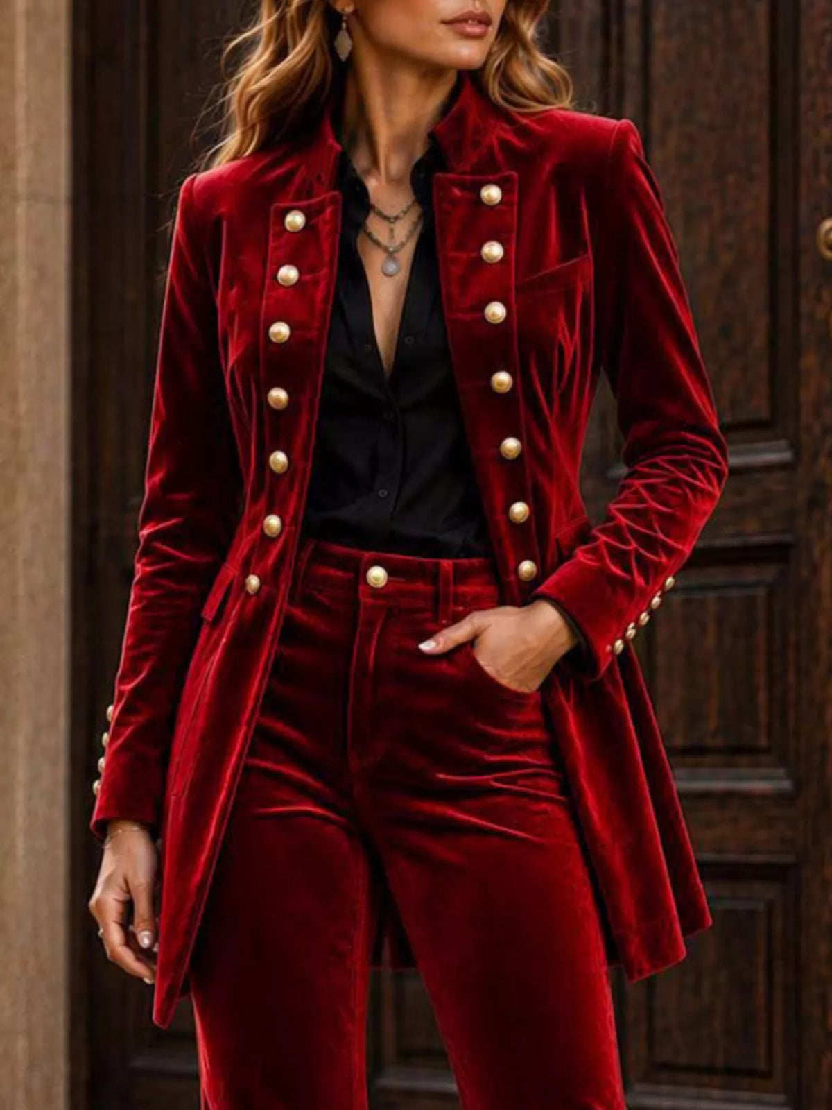 Velvet Double-Breasted Blazer and Flare Pants Set