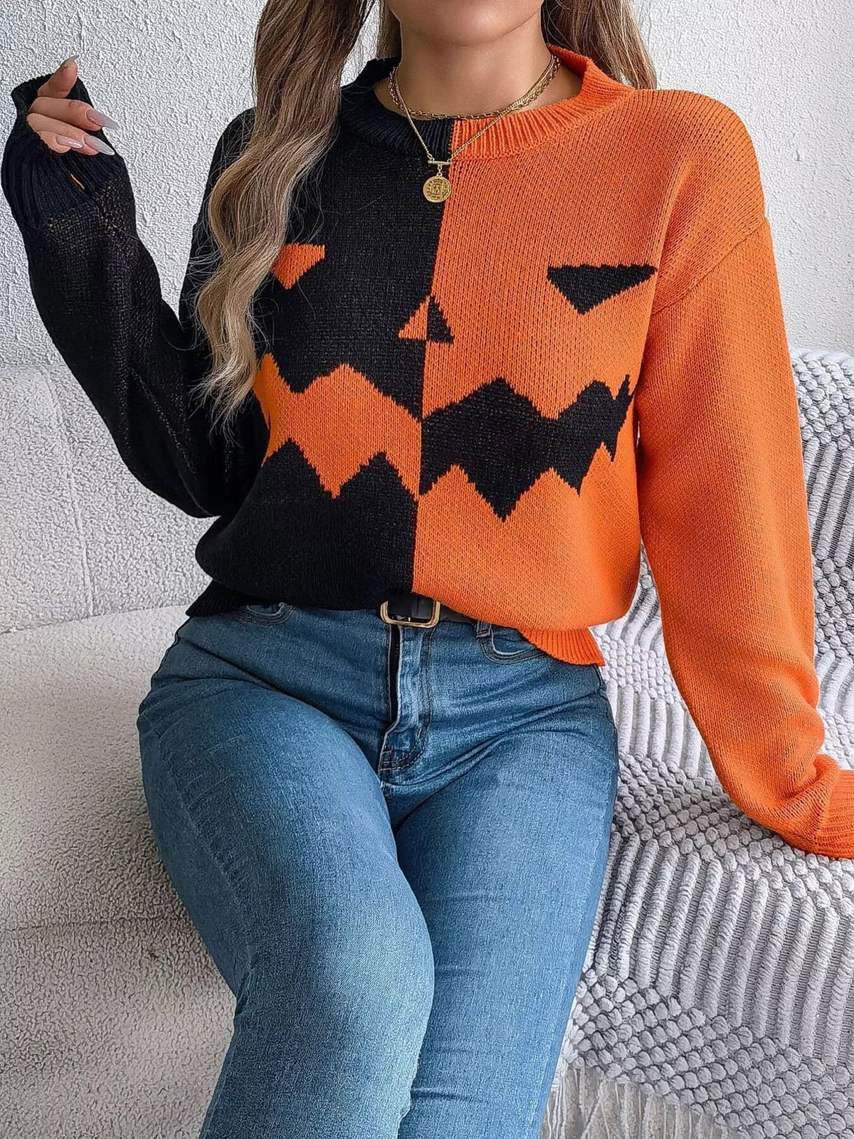 Pumpkin Face Graphic Two Tone Sweater