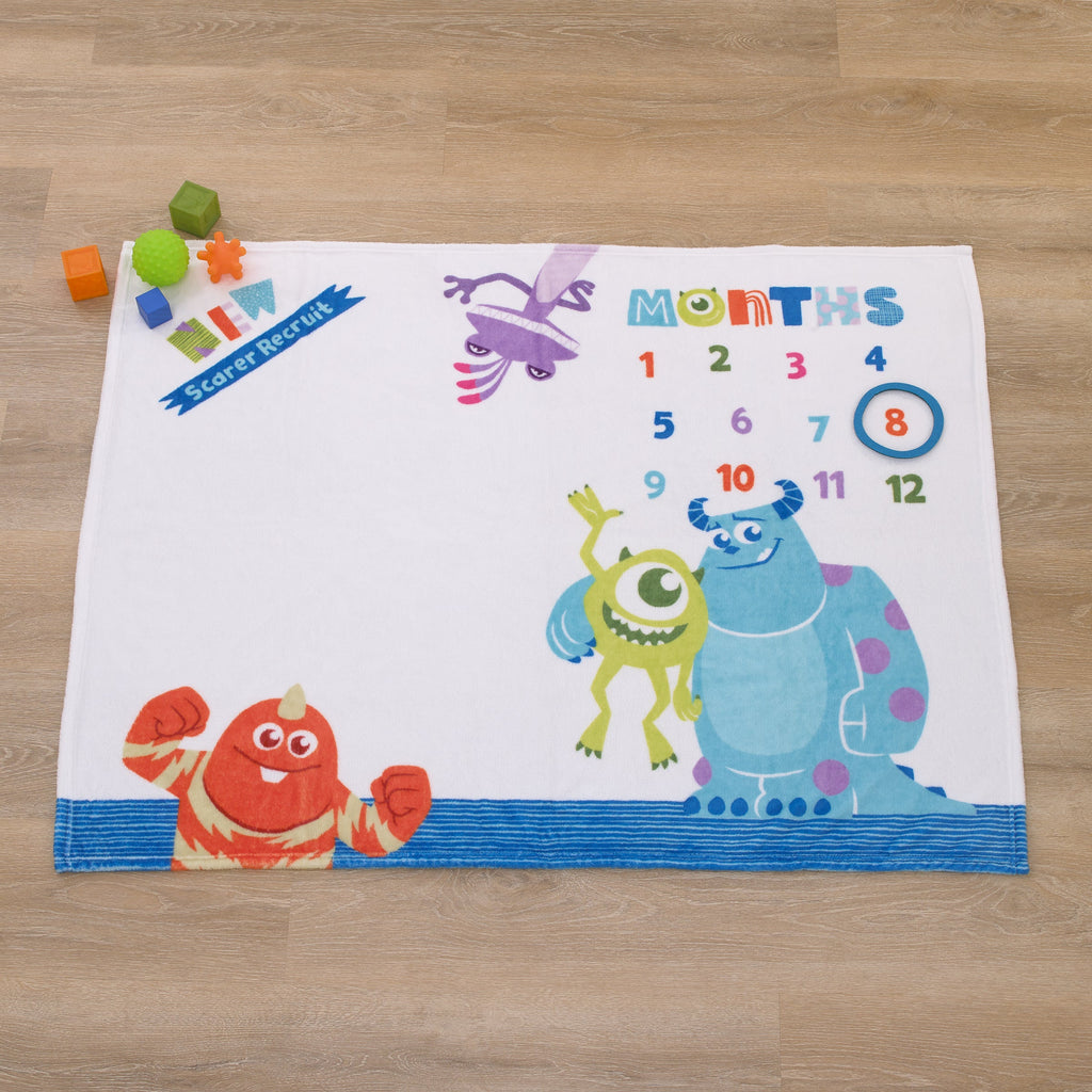 Disney Monsters, Inc. White, Blue, and Green, New Scarer Recruit Super Soft Photo Op Milestone Baby Blanket