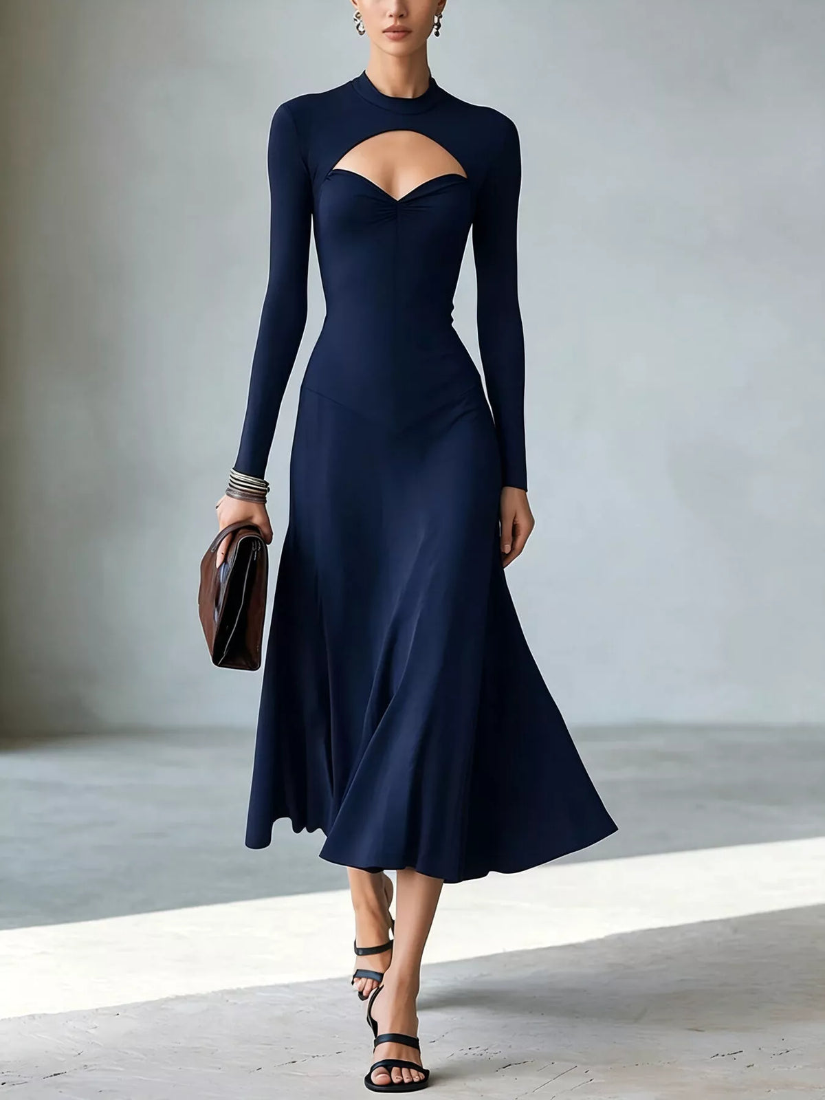 Full Size Mock Neck Cut-Out Long Sleeve Midi Dress Plus Size