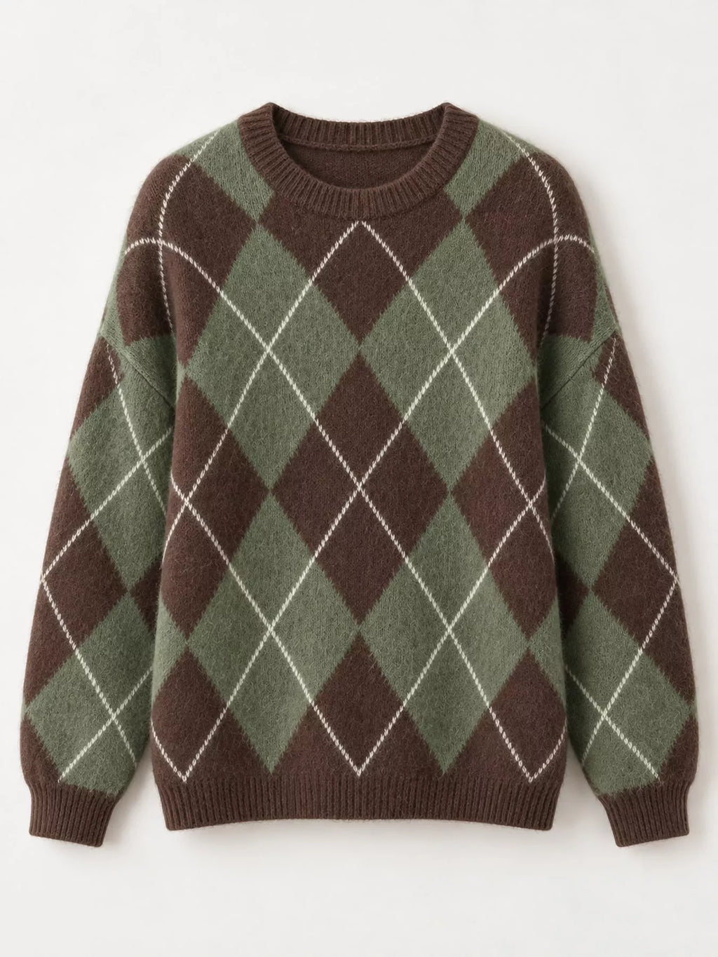 Argyle Pattern Fuzzy Knit Sweater