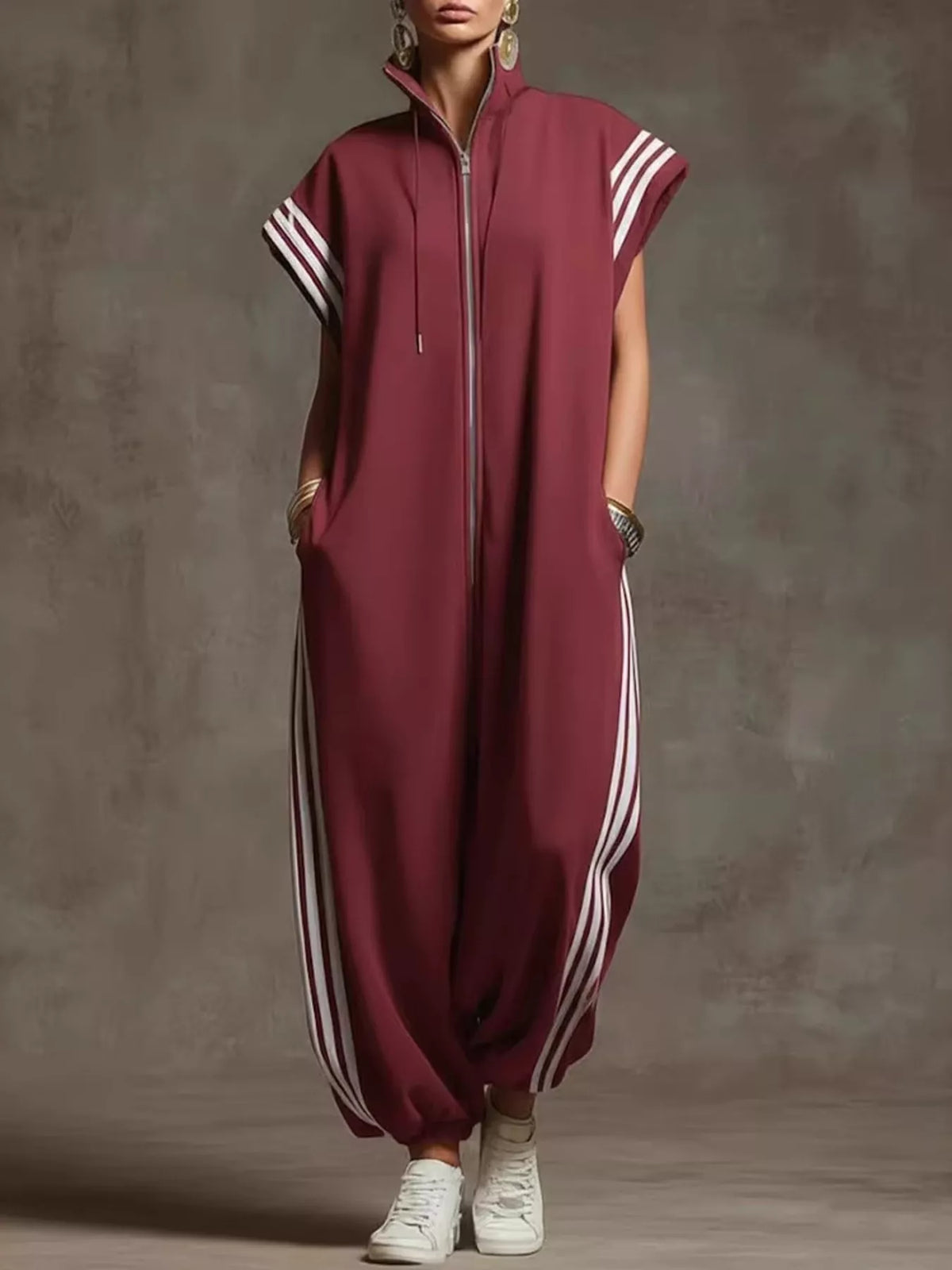 Full Size Side Stripe Zip-Front Wide Leg Jumpsuit Plus Size