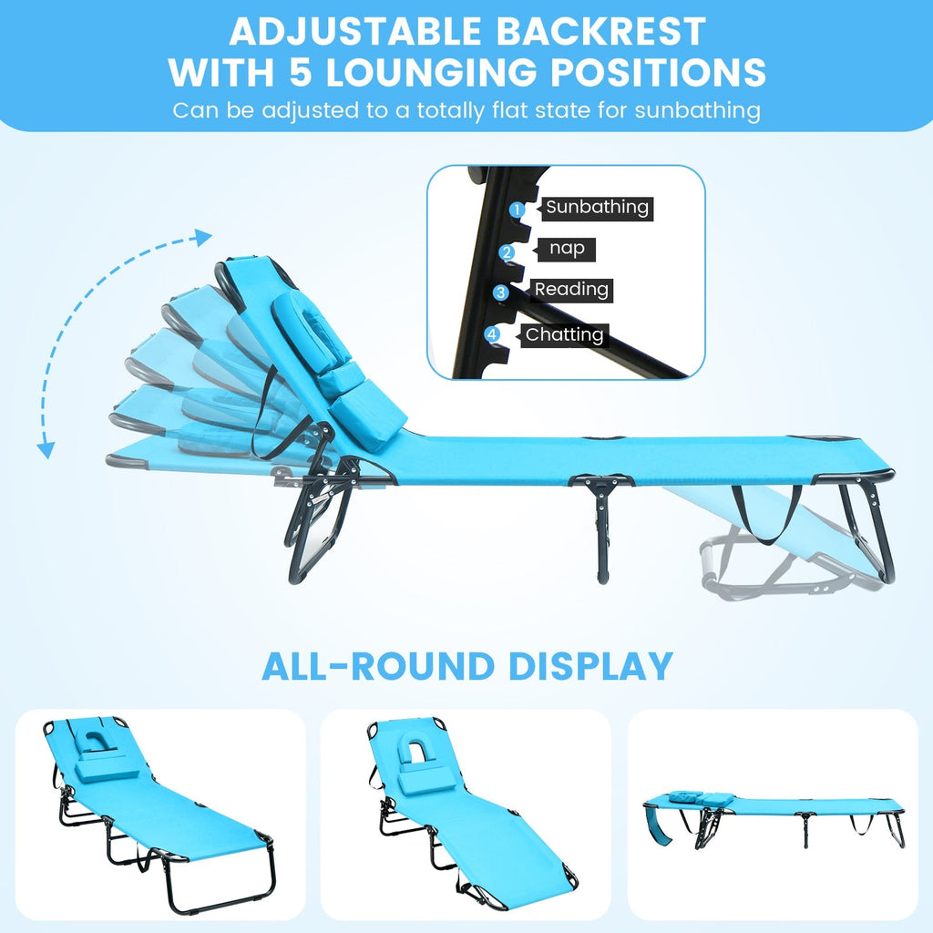 Beach Chaise Lounge Chair with Face Hole and Removable Pillow