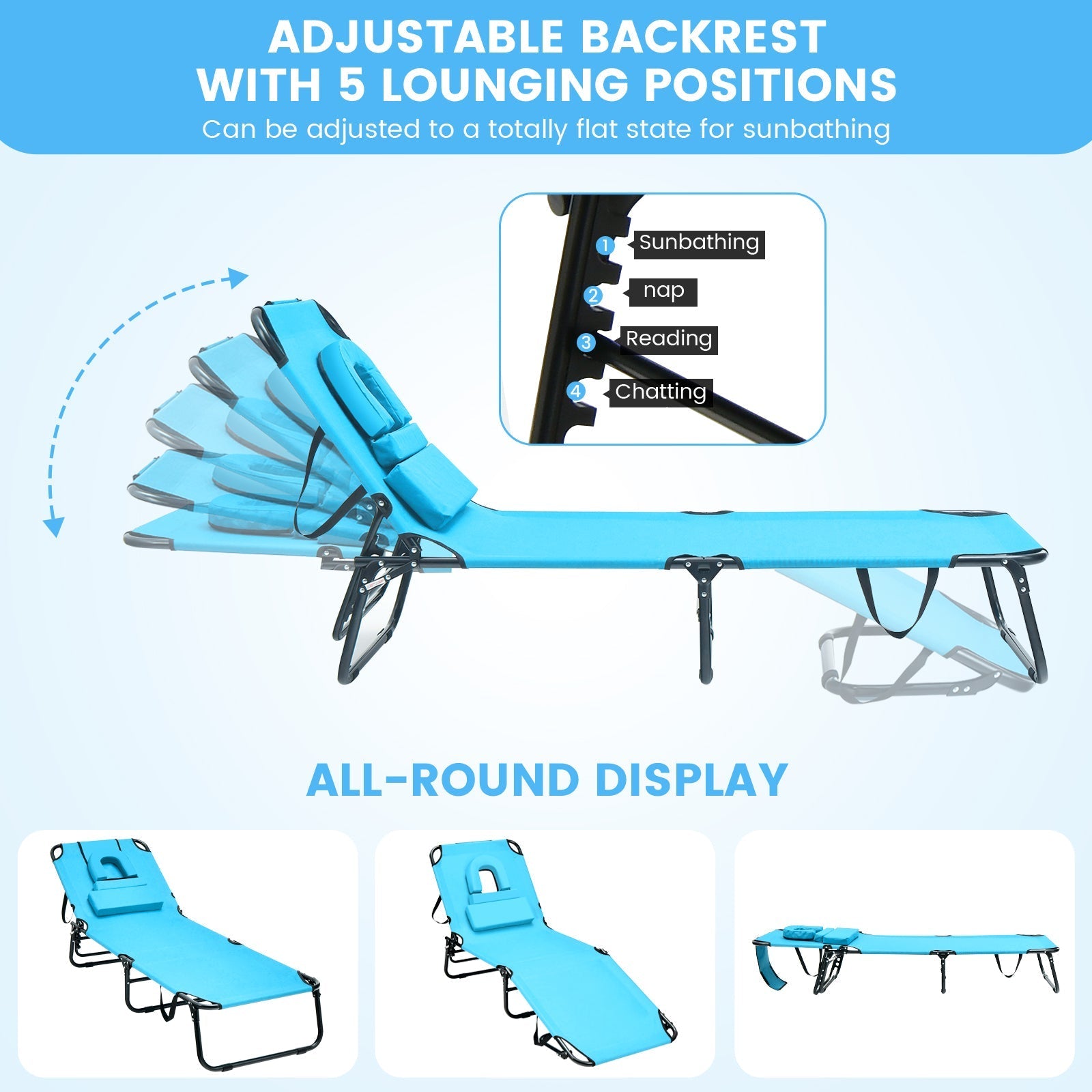 Beach Chaise Lounge Chair with Face Hole and Removable Pillow