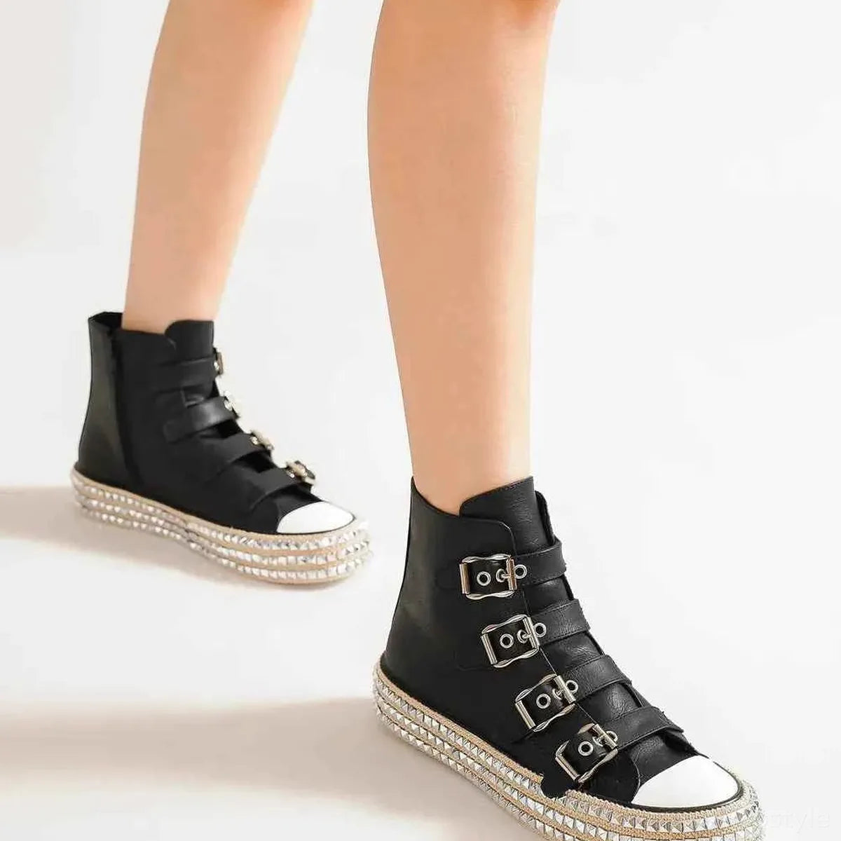 Multi-Buckle Studded Platform Sneakers