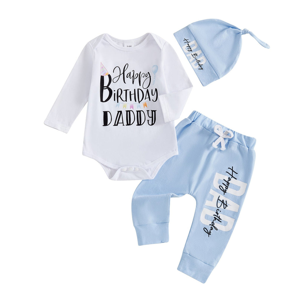 Letter-print Onesie Long Pants Hat Baby Keepsake Outfit Set