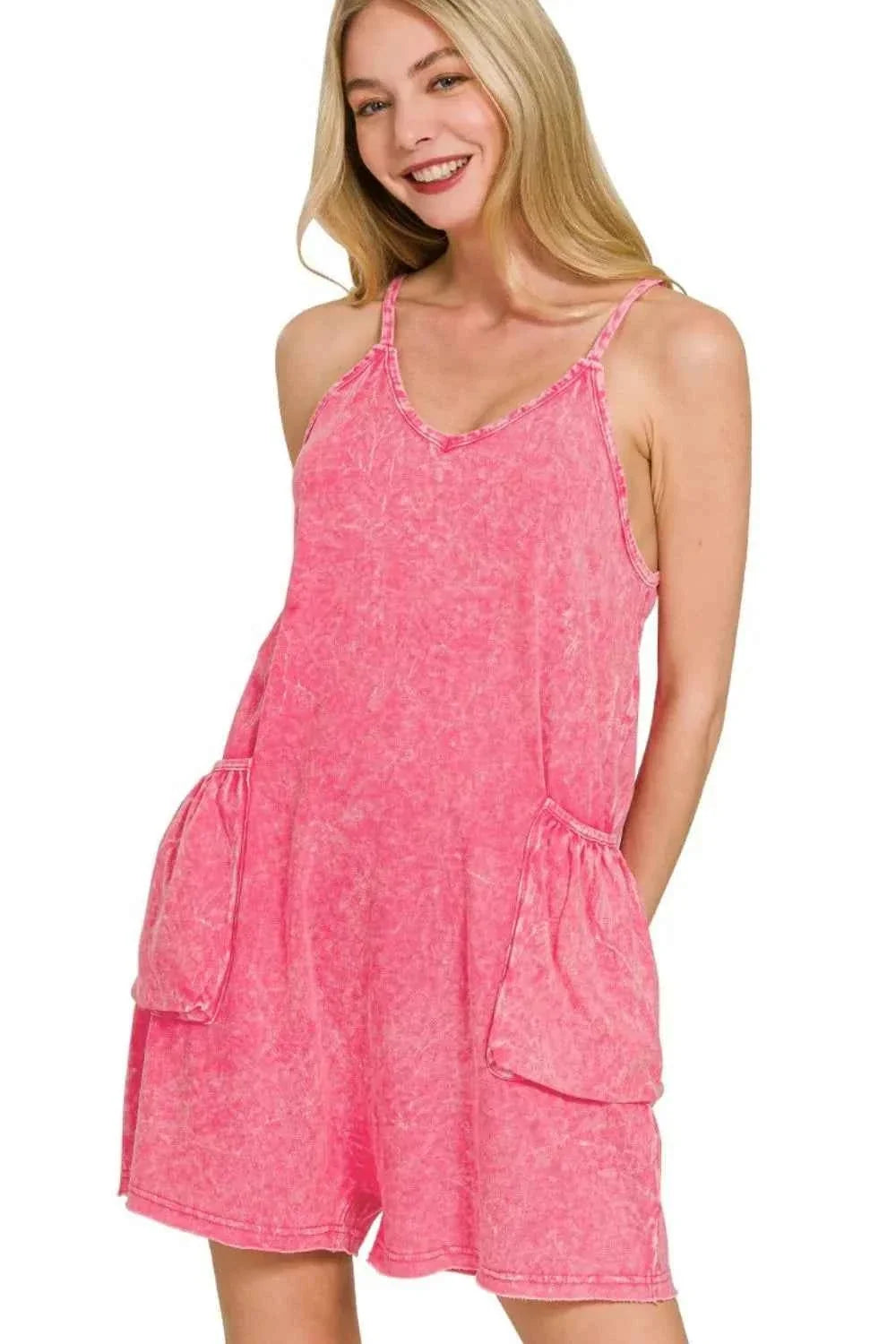 Acid Crinkle Washed Spaghetti Strap Romper