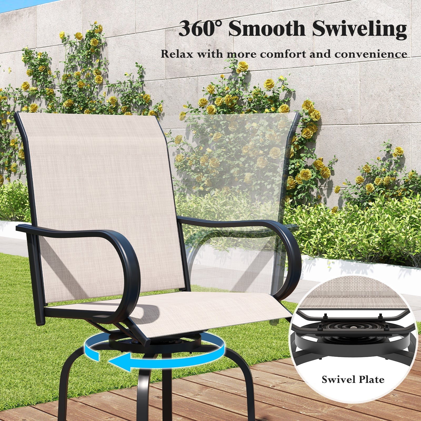 2 Pieces 360 Rotating Bar Stool Set with Armrests for Patio