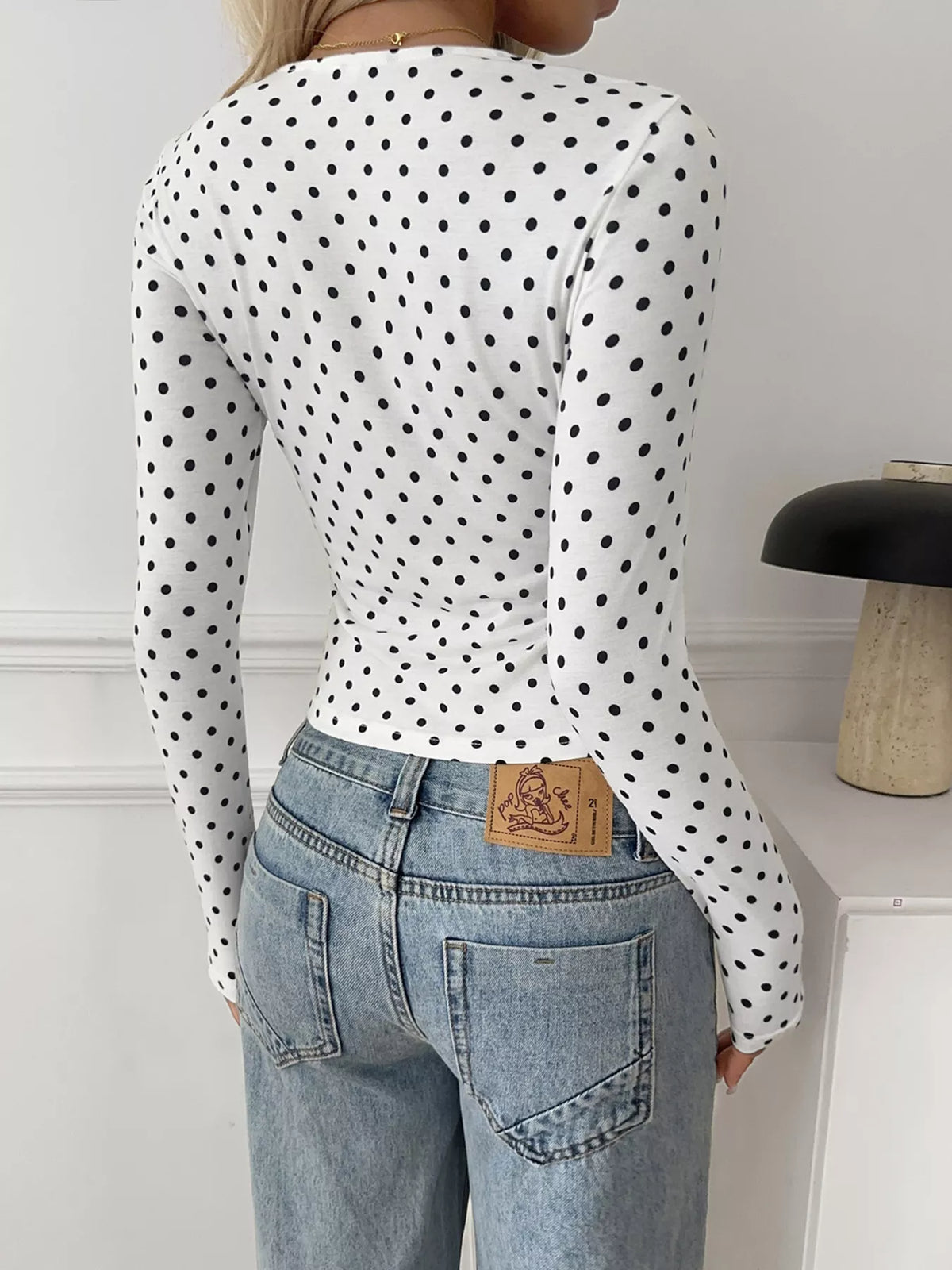 Polka Dot Lace Trim Ruched Long Sleeve T-Shirt