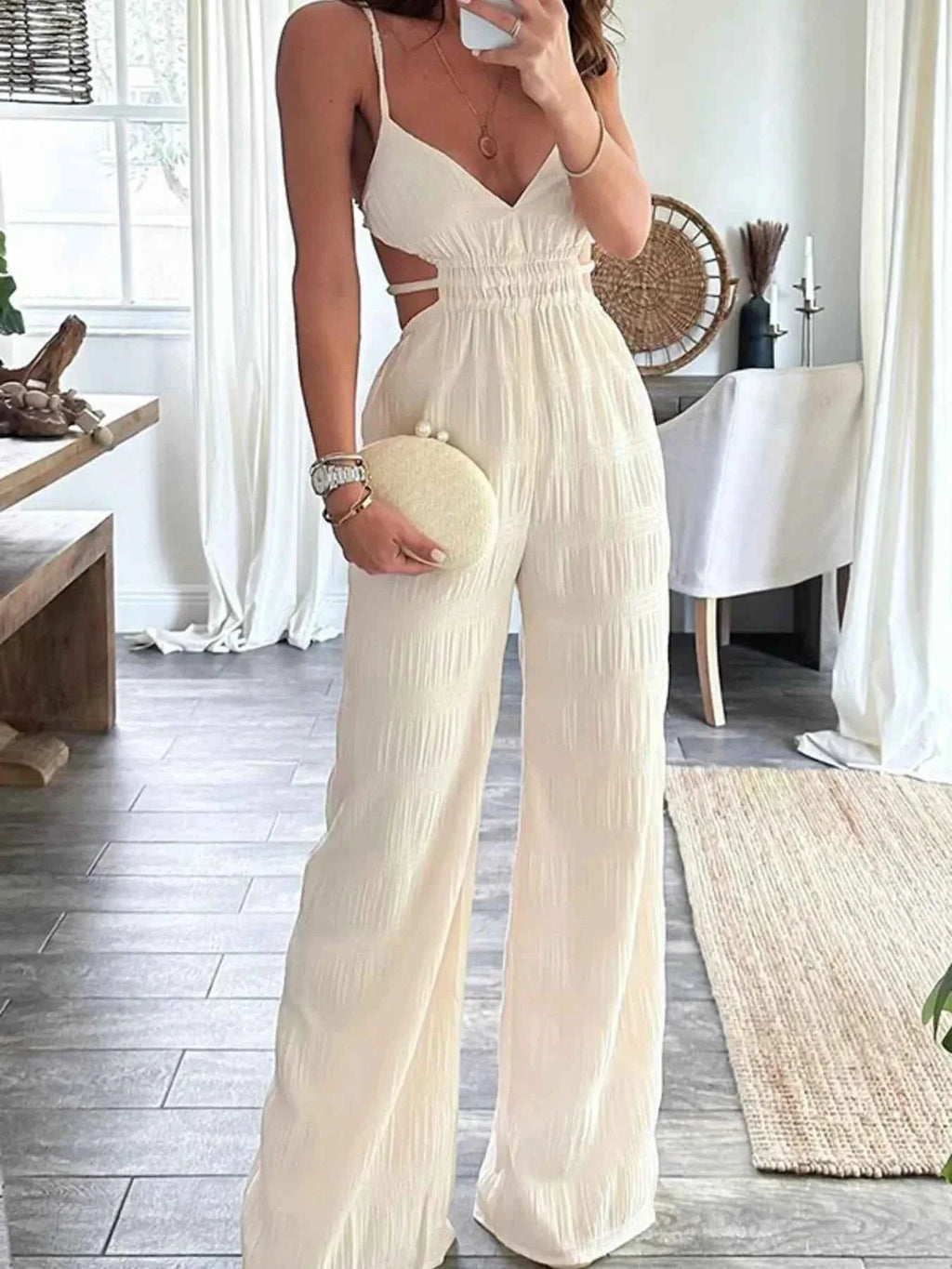 Cut-Out V-Neck Sleeveless Wide Leg Jumpsuit