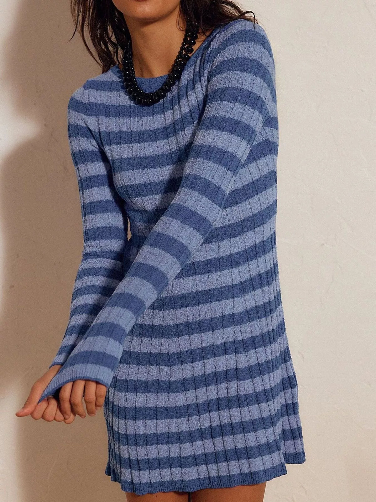 Striped Ribbed Knit Long Sleeve Sweater Dress