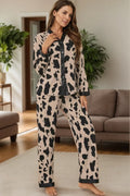 Leopard Print Button-Up Long Sleeve Top and Pants Lounge Set