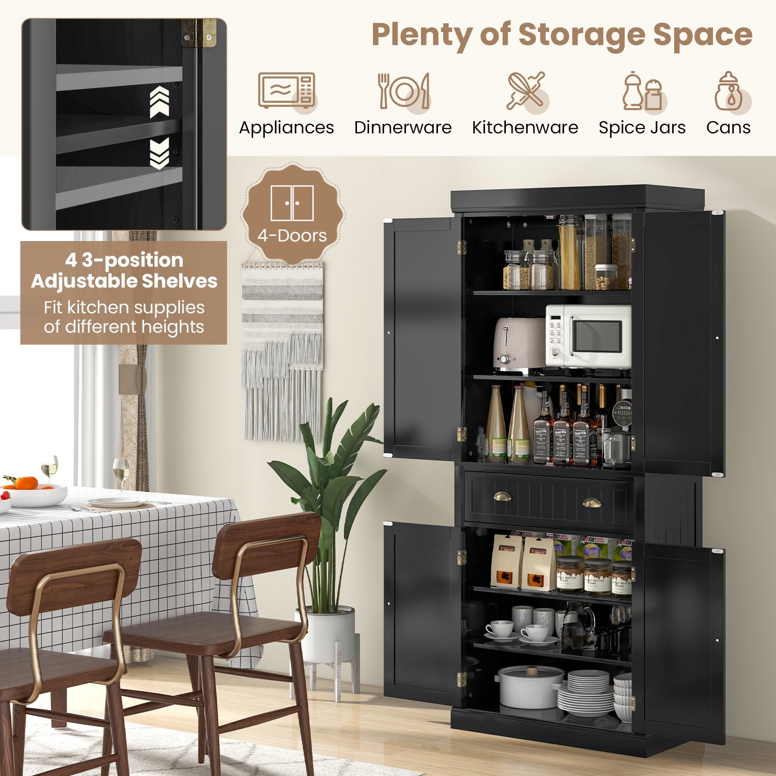 Cupboard Freestanding Kitchen Cabinet w/ Adjustable Shelves