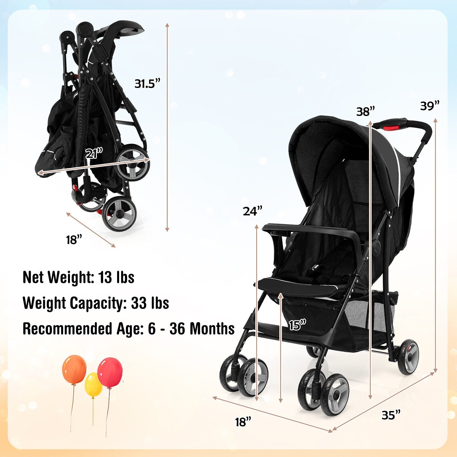 Toddler Travel Stroller for Airplane with Canopy and Adjustable Backrest