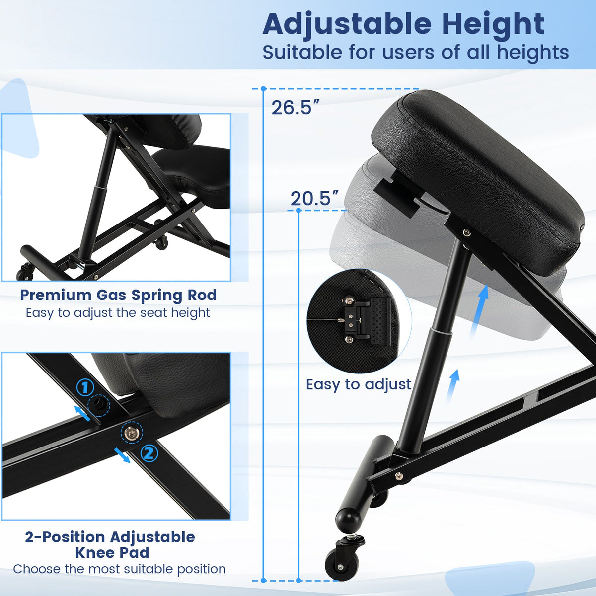 Adjustable Ergonomic Kneeling Chair with Upgraded Gas Spring Rod and Thick Foam Cushions