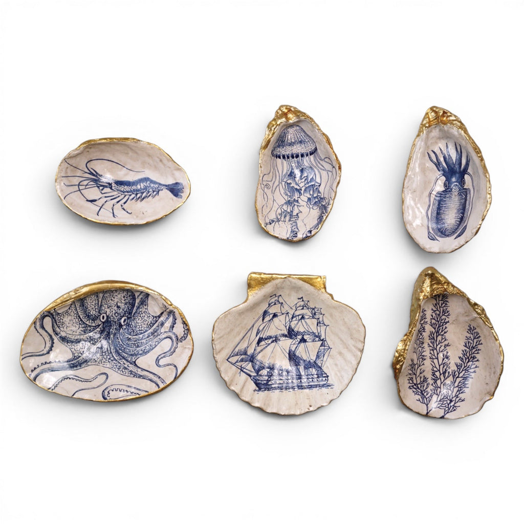 Blue & White Sea Life Shell Trinket Dish