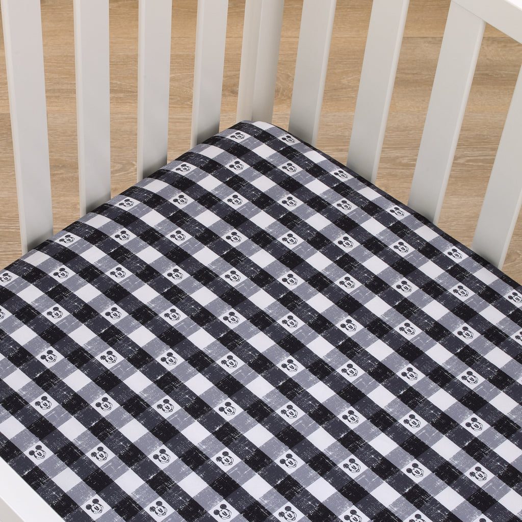 Mickey Mouse - Black, White and Gray Plaid Nursery Fitted Mini Crib Sheet
