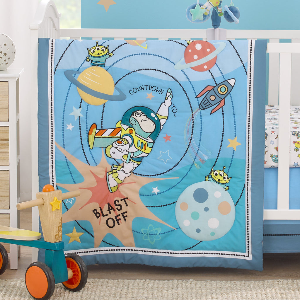Toy Story Buzz Lightyear Blue, Orange, and Yellow Countdown to Blast-Off 3 Piece Nursery Crib Bedding Set - Comforter, 100% Cotton Fitted Crib Sheet and Crib Skirt