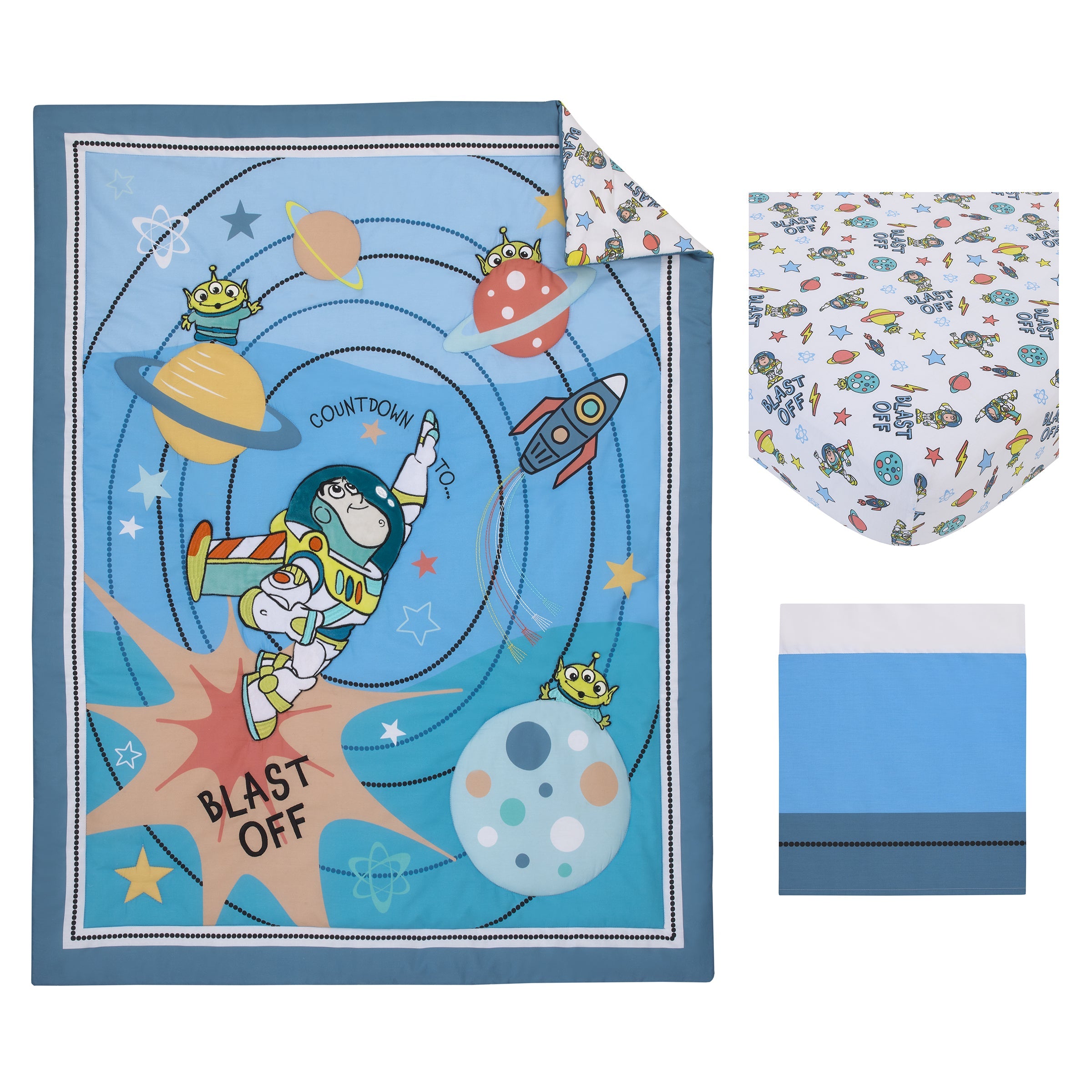 Toy Story Buzz Lightyear Blue, Orange, and Yellow Countdown to Blast-Off 3 Piece Nursery Crib Bedding Set - Comforter, 100% Cotton Fitted Crib Sheet and Crib Skirt