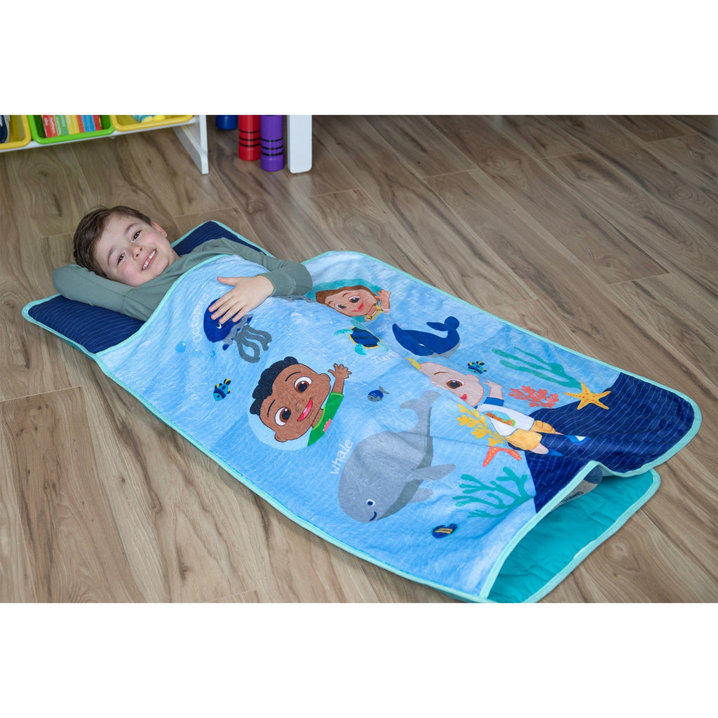 NoJo CoComelon "Love The Ocean" Toddler Nap Mat - Includes Attached Pillow and Fleece Blanket, Light Blue, and Navy