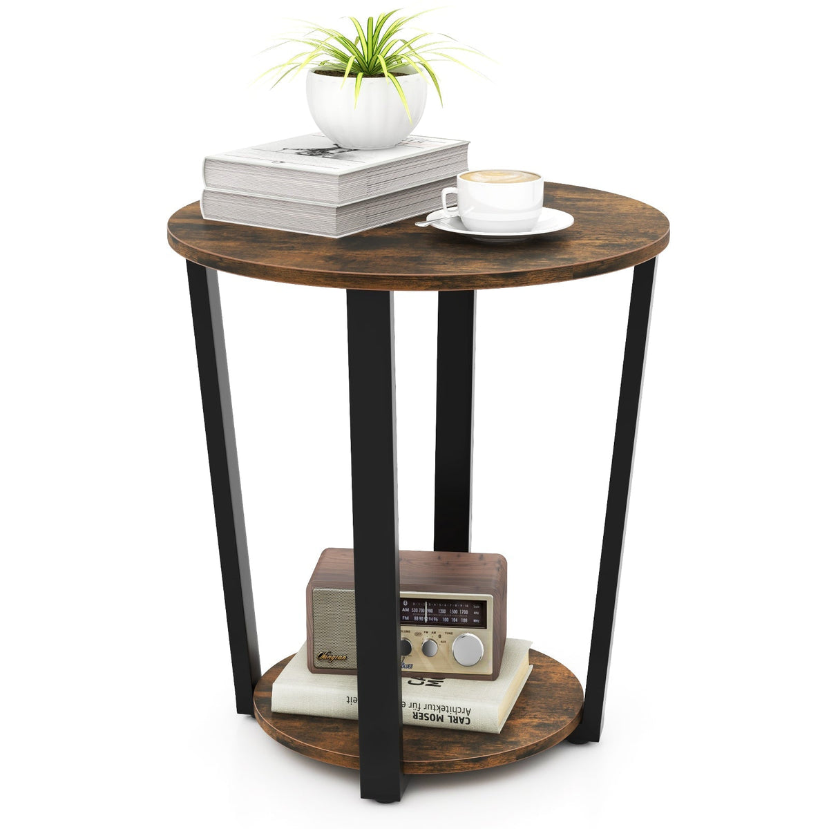 2-tier Round End Table with Storage Shelf & Metal Frame