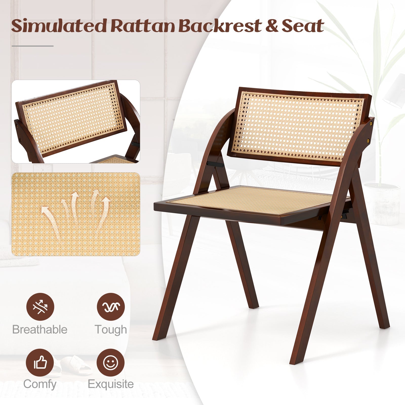 Foldable Dining Chairs Set of 2 with Woven Rattan Backrest