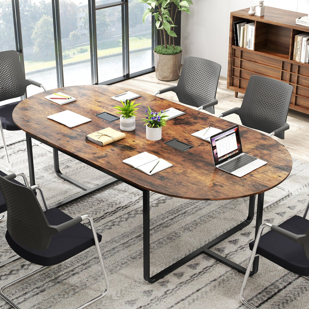 95 Inches Oval Conference Industrial Executive Table with Dual Cable Holes-Rustic Brown