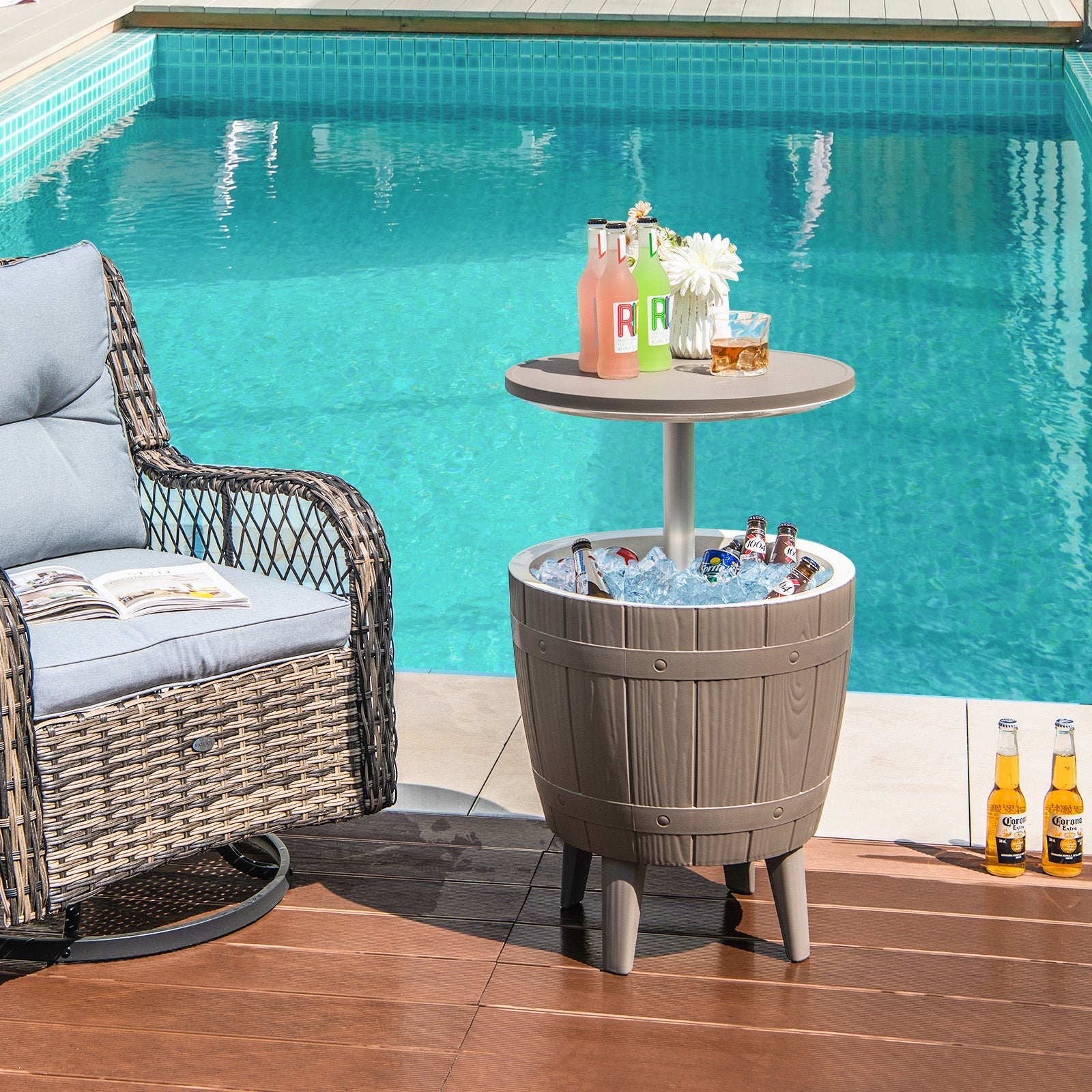 10 Gallon Cooler Bar Table Outdoor Coffee Table Ice Bucket with Telescopic Tabletop for Beer and Wine