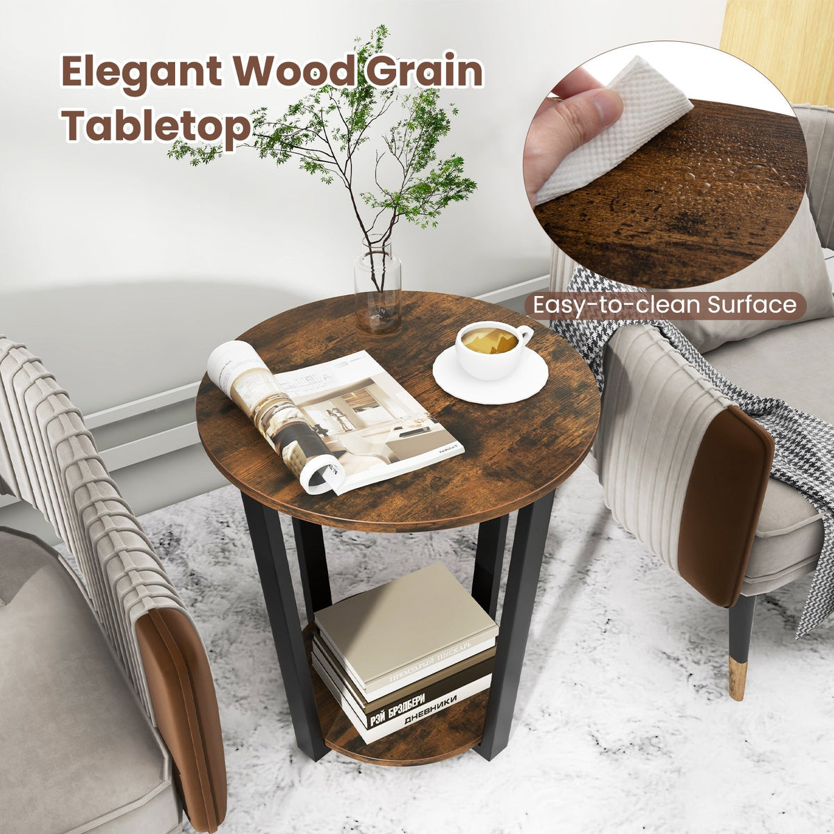 2-tier Round End Table with Storage Shelf & Metal Frame