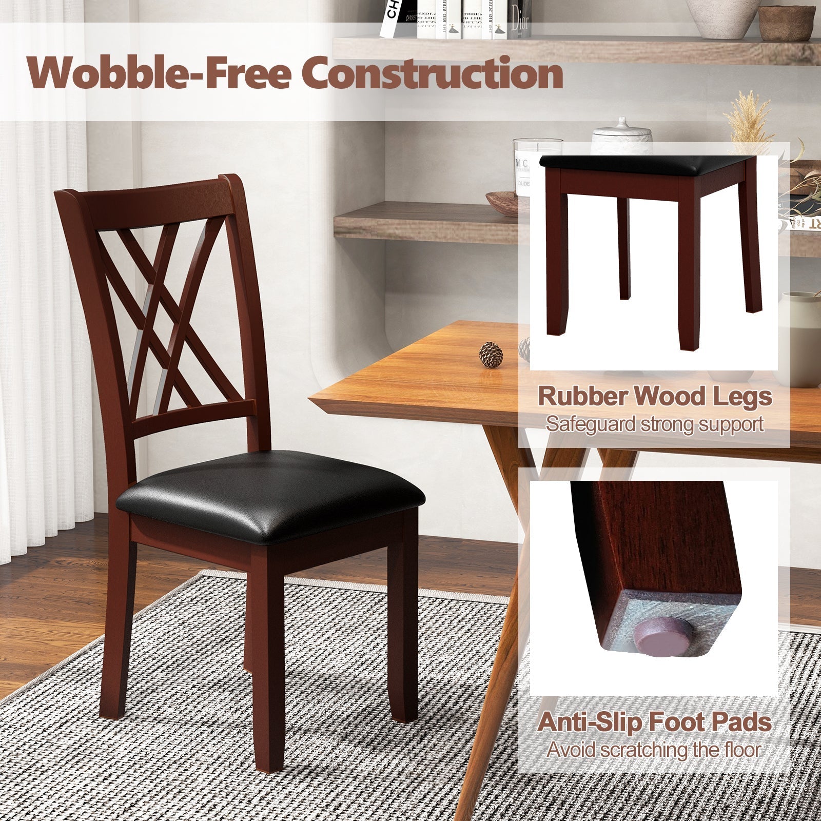 Set of 2 Dining Chair with Backrest and Padded Seat-Brown