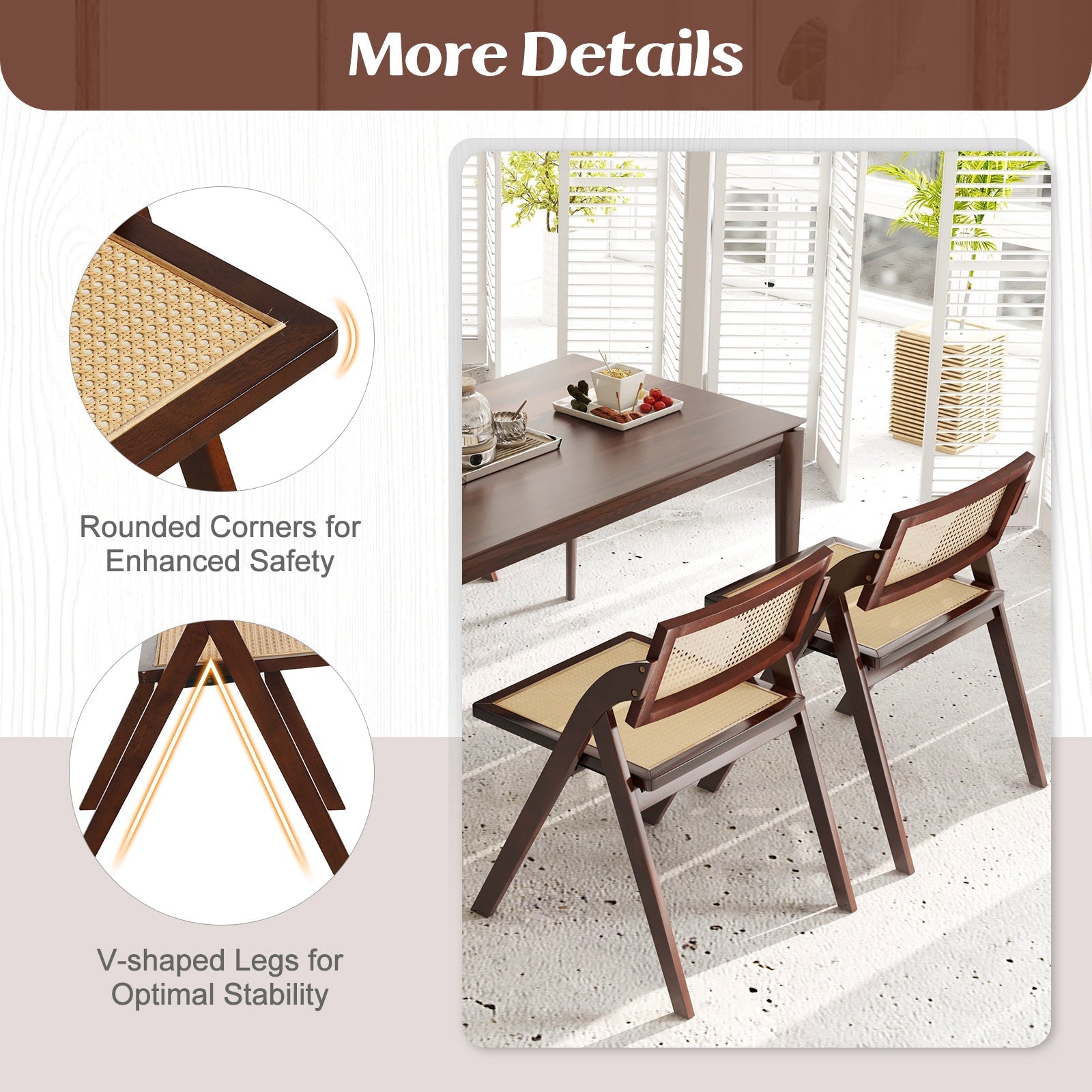 Foldable Dining Chairs Set of 2 with Woven Rattan Backrest