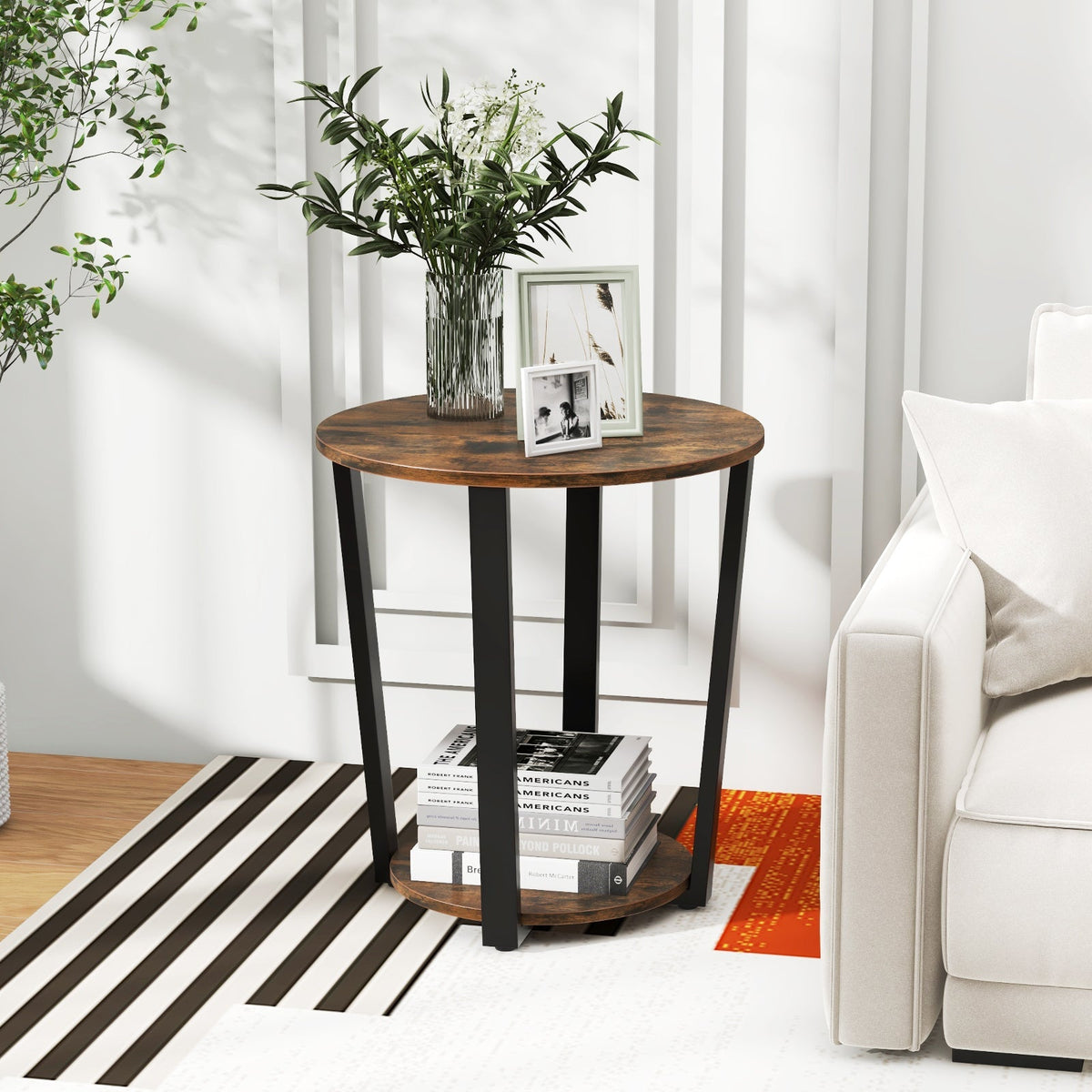 2-tier Round End Table with Storage Shelf & Metal Frame