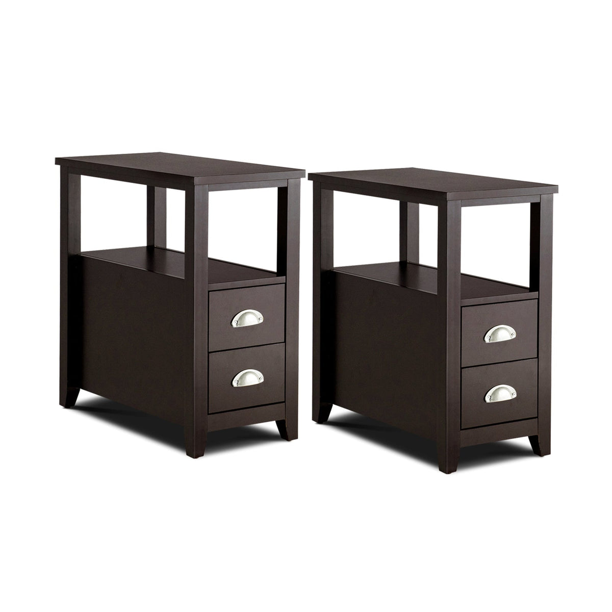 Set of 2 End Table Wooden with 2 Drawer & Shelf Bedside Table
