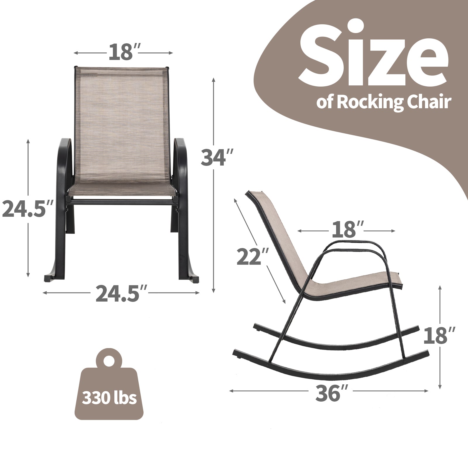 Set of 2 Metal Patio Rocking Chair with Breathable Seat Fabric