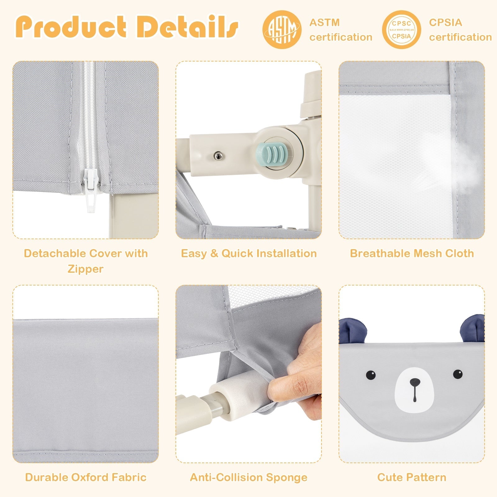 Vertical Lifting Baby Bedrail Guard with Lock-Gray