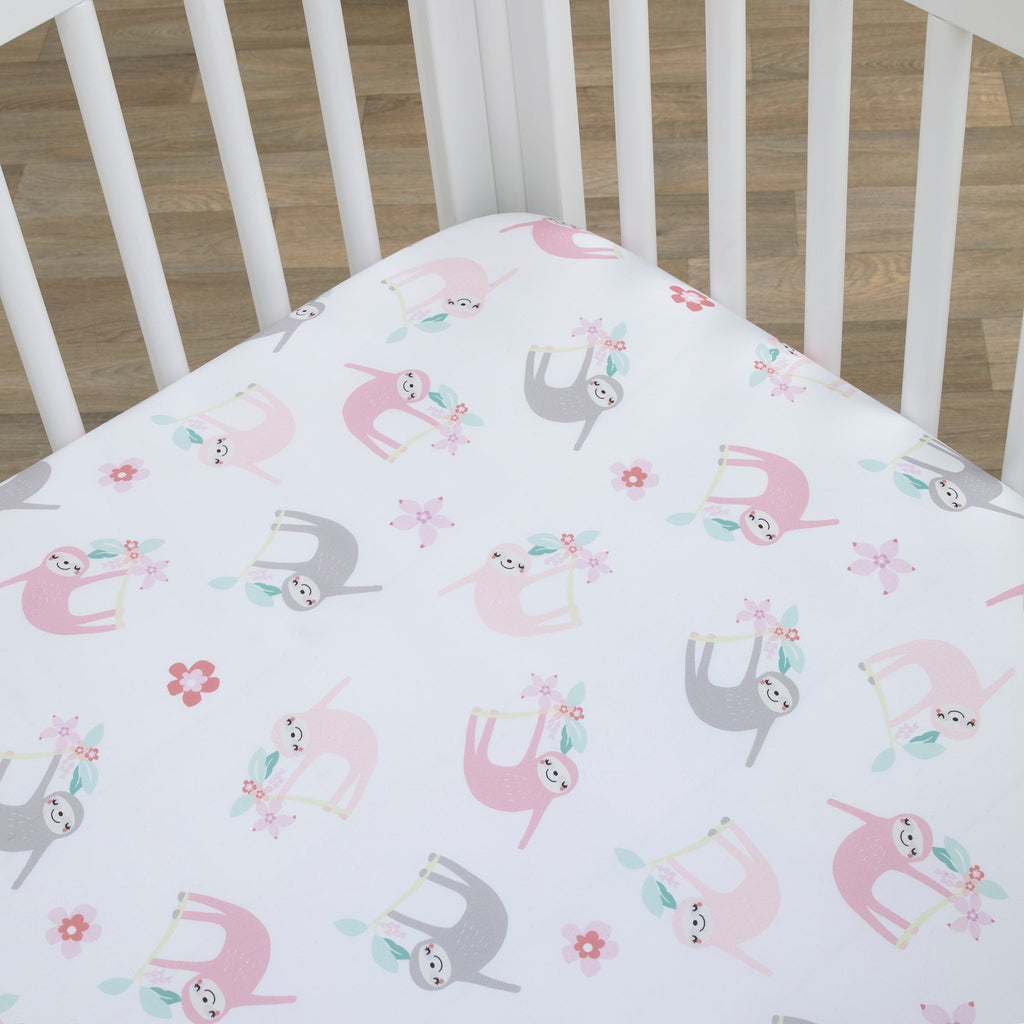 Tropical Garden Pink, Grey, and White Sloth Super Soft Fitted Crib Sheet