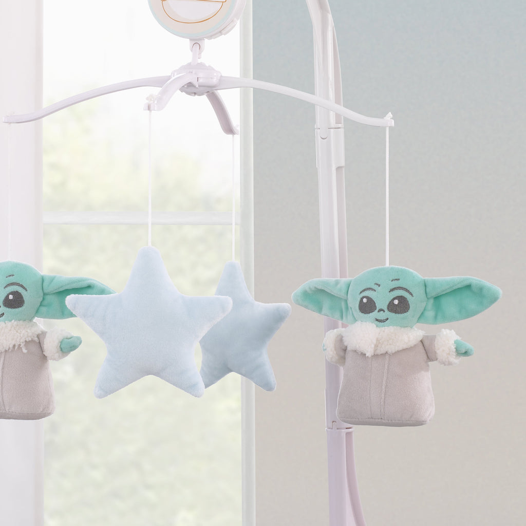 Grogu Cutest in the Galaxy Cream, Green, and Light Blue Stars Plush Musical Mobile