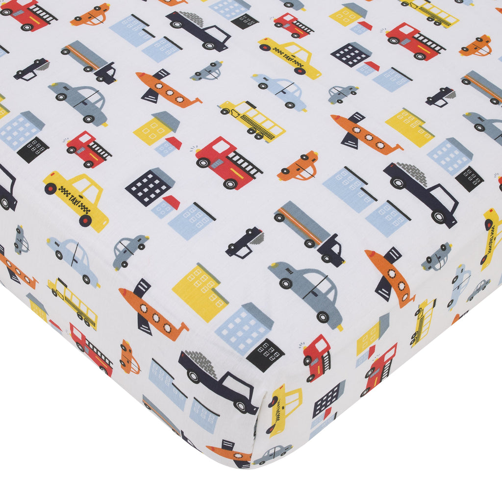 Transportation Trails Navy, Red, and Yellow Busy Cars, Trucks, Fire Engines 4 Piece Nursery Crib Bedding Set - Comforter, 100% Cotton Fitted Crib Sheet, Crib Skirt, and Nursery Organizer