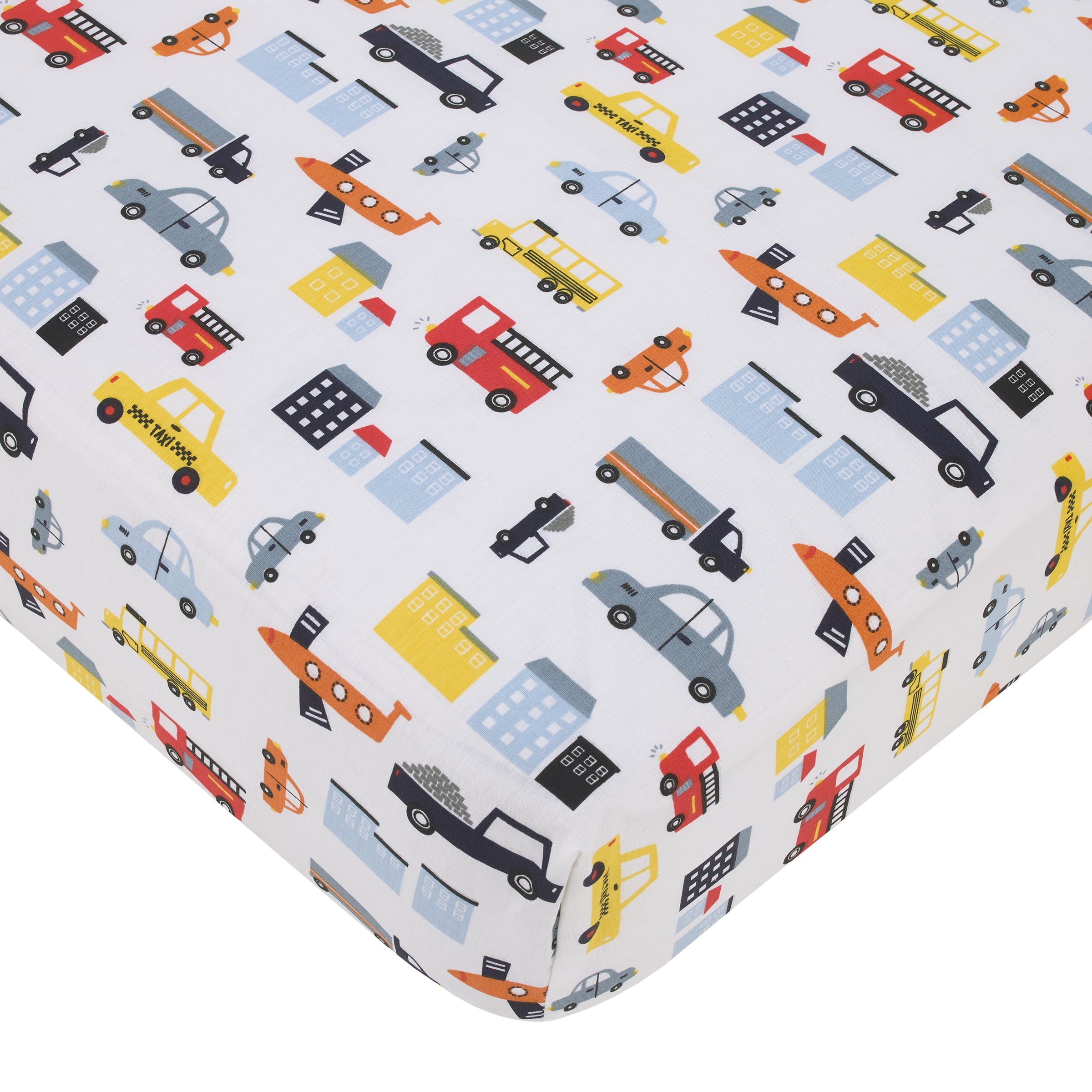 Transportation Trails Navy, Red, and Yellow Busy Cars, Trucks, Fire Engines 4 Piece Nursery Crib Bedding Set - Comforter, 100% Cotton Fitted Crib Sheet, Crib Skirt, and Nursery Organizer