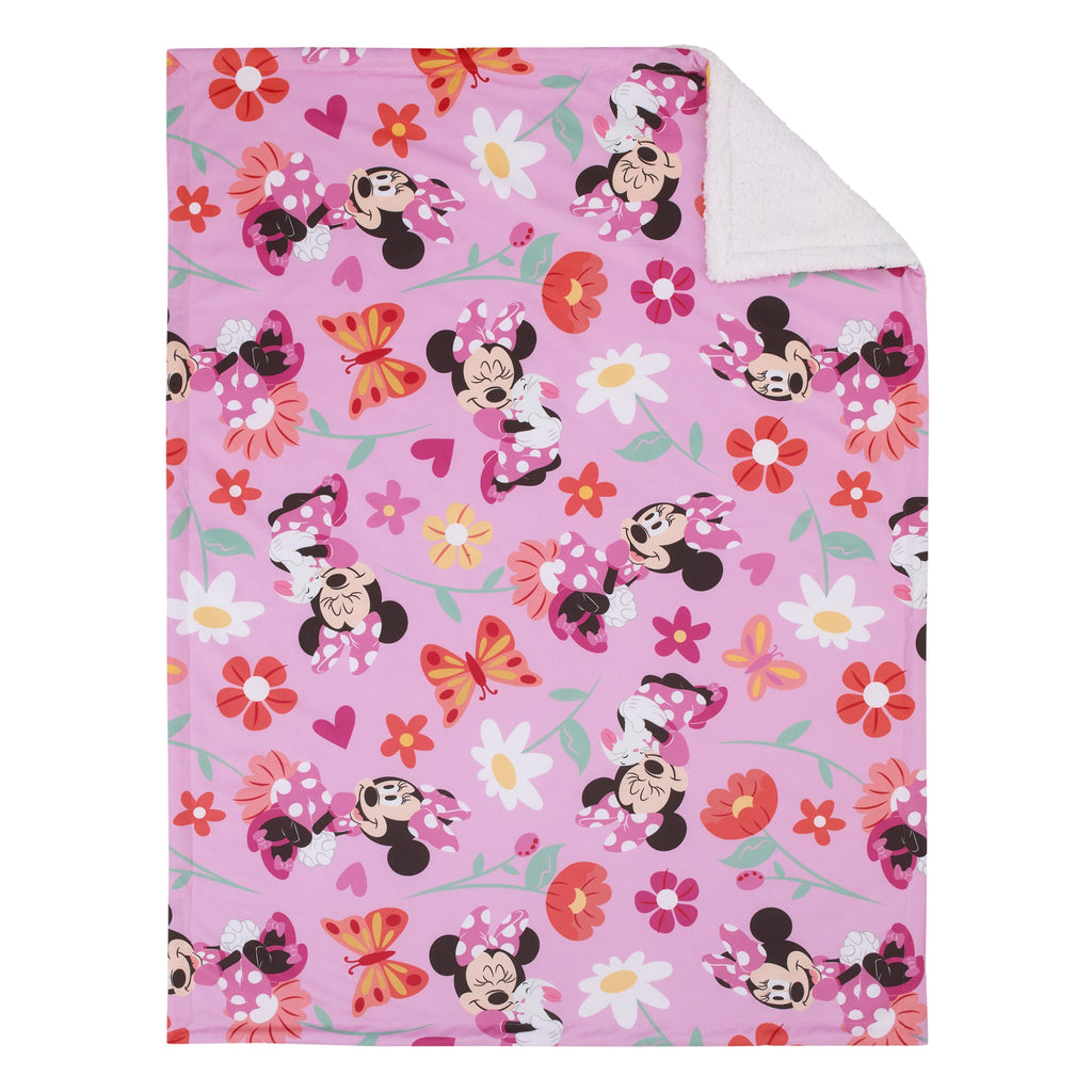 Minnie Mouse Springtime Flowers Pink Orange, Green, and White Super Soft Sherpa Baby Blanket