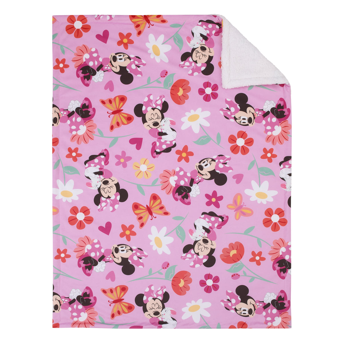 Minnie Mouse Springtime Flowers Pink Orange, Green, and White Super Soft Sherpa Baby Blanket