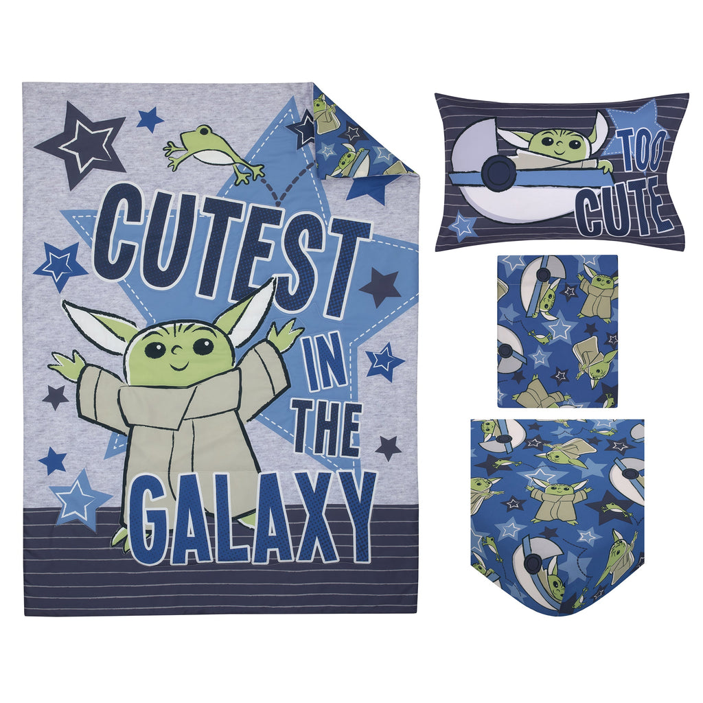The Child Cutest in the Galaxy Blue, Green and Gray, "Too Cute" Grogu, Stars, Hover Pod, and Sorgan Frog 4 Piece Toddler Bed Set - Comforter, Fitted Bottom Sheet, Flat Top Sheet, and Reversible Pillowcase