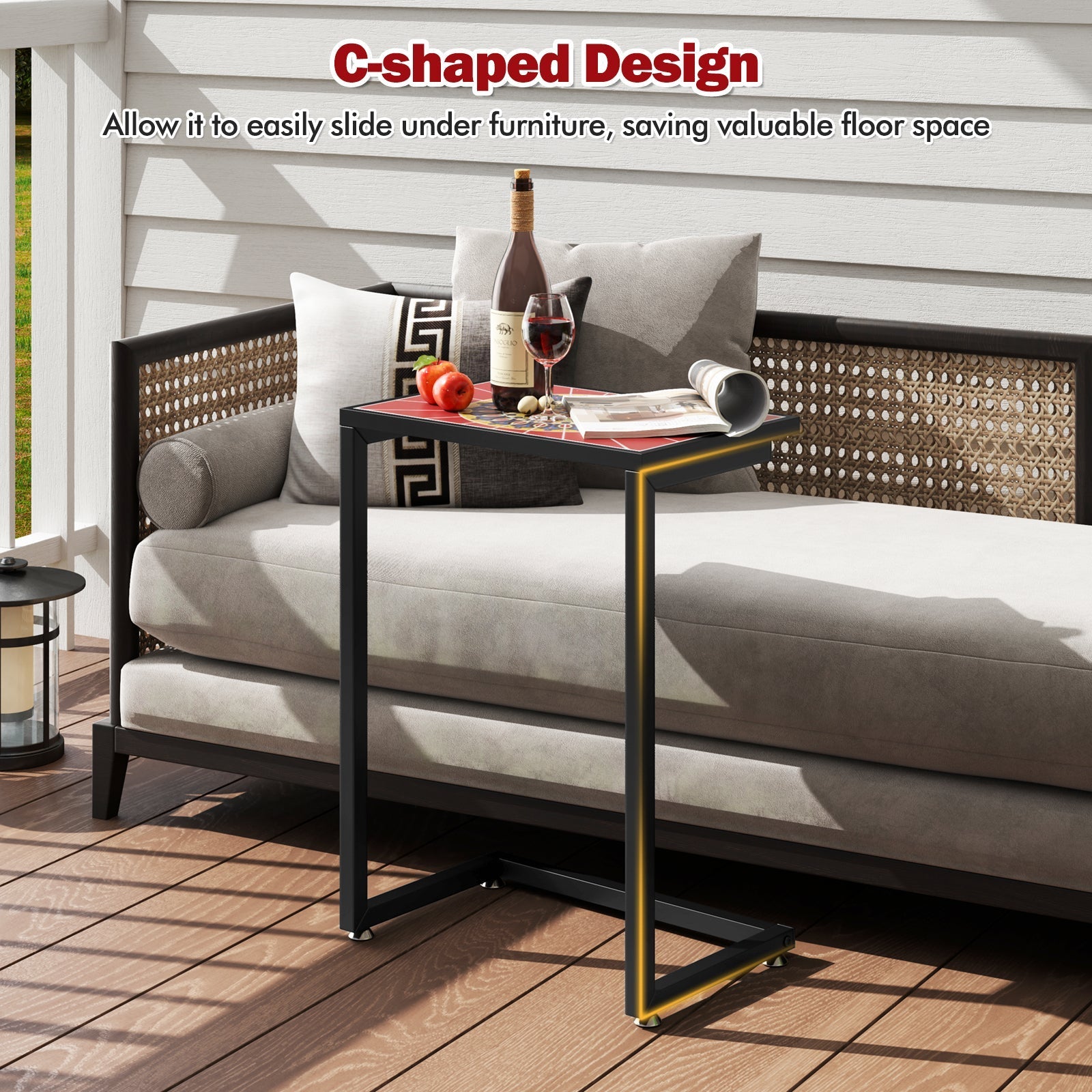 C-shaped Waterproof Outdoor Side End Table with Ceramic Top